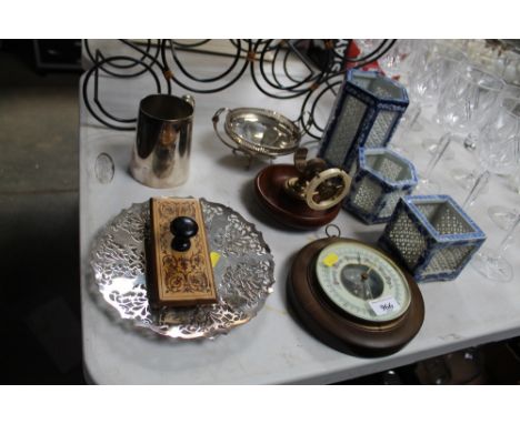 Three blue and white candle holders; silver plated tankard; a barometer; a blotter etc