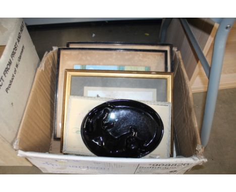A CVW design dish decorated with a cat together with various prints 