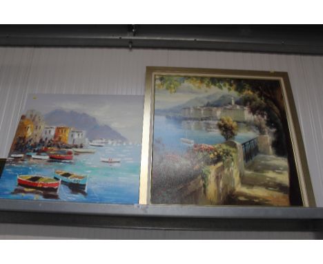 A large oleograph together with a modern canvas depicting a harvest scene