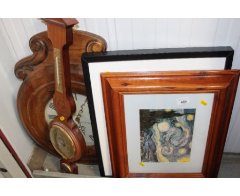 Two framed prints; a barometer and a wall clock