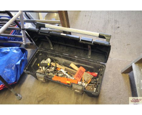 A plastic Stanley tool box and contents of various hand tools 