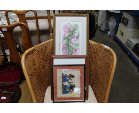Two framed prints together with an Egyptian revival on papyrus