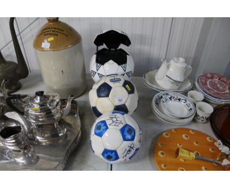 An Umbro cassette player in the form a football; a Portsmouth vintage football and a signed Portsmouth football