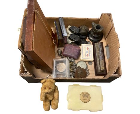 A mixed lot to include a spelter pug head inkwell, two painted cast iron boats with cats and mice, Hovis winners badge, a bro