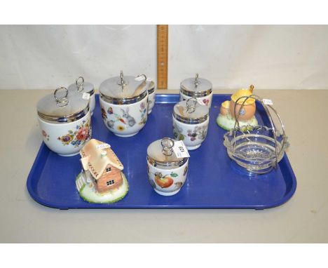 Tray of various Royal Worcester egg coddlers, Coalport  model cottages etc