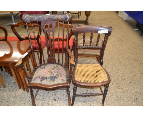 Early 20th Century stick back armchair with later tapestry dated 1947 together with a cane seated bedroom chair (2)