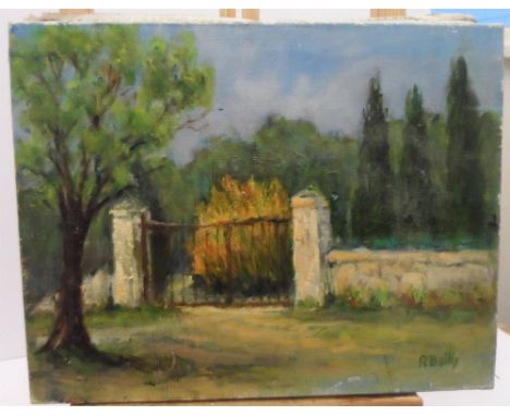 R Bailly, mid 20thC French oil on canvas, "Country house gates", unframed,The oil measures 28 x 35 cm 