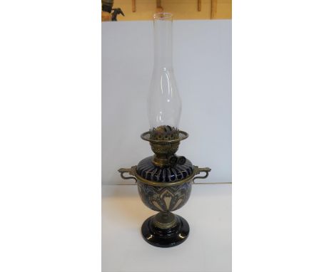 Victorian Doulton Lambeth stoneware oil lamp by Edith Lupton, chalice form with removable font, stylised foliate decoration, 