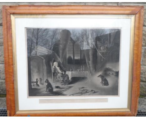 C Hoyler Victorian engraving "The huntsmans dream" in original walnut frame (bit damaged),The print measures 47 x 62 cm 