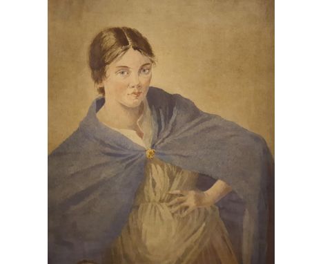 Percy LANCASTER (1878-1951) watercolour, portrait of a young lady in a blue cloak, signed,In a modern wash mount and thin gil