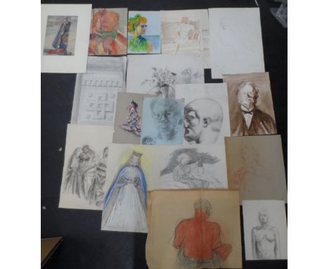 Collection of 17 mid/later 20thC portrait watercolours & drawings by various differing artists (17), all unframed,Largest is 