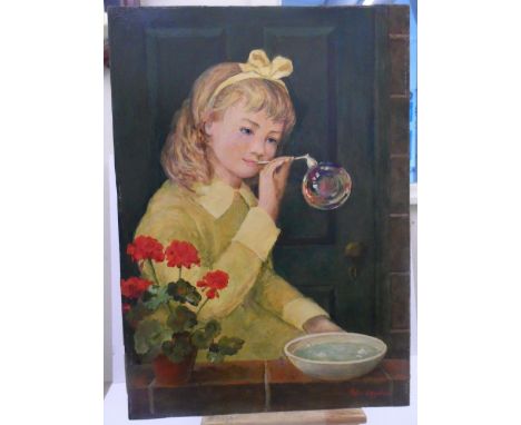 Peter Leyden (29thC) oil on board, portrait of a young girl before a doorway, signed, unframed,The painting measures 64 x 47 