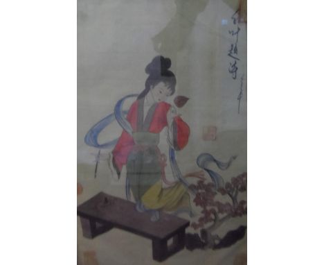 Chinese watercolour portrait of a young lady, stamped signatures, thin frame and glazed (cracked),The w/c measures 62 x 39 cm