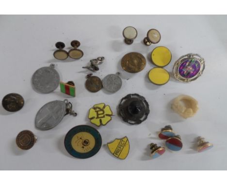 Bag of enamel badges, stud-cuffs, military button, charms &amp; pendants (Qty) 