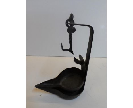18th century iron cruise lamp with a double bowl and hook 