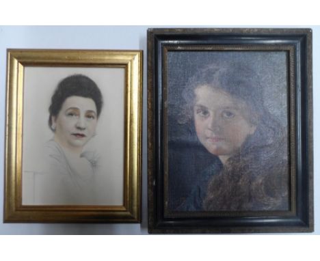 2 small French portraits to include a young girl, print on canvas & a head portrait of a lady possibly on a print back-ground