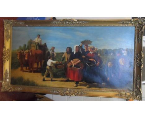 Large unsigned 20thC oil on canvas, "The fruit pickers", after the old master, framed,The oil measures 60 x 75 cm 