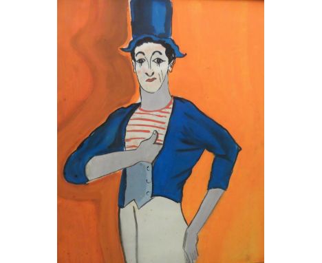 Unsigned, mid 20thC oil portrait of a clown in gilt coloured frame,The oil measures 50 x 34 cm 