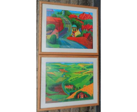 Pair of David Hockney prints in match oak frames,Each print measures 49 x 61 cm 