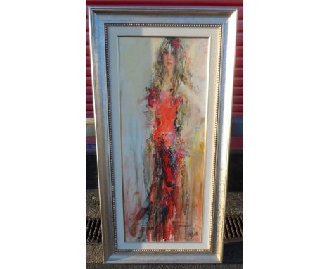 Full length print on canvas impressionist study of a well dressed lady signed WI TI, in fine quality frame,The print measures