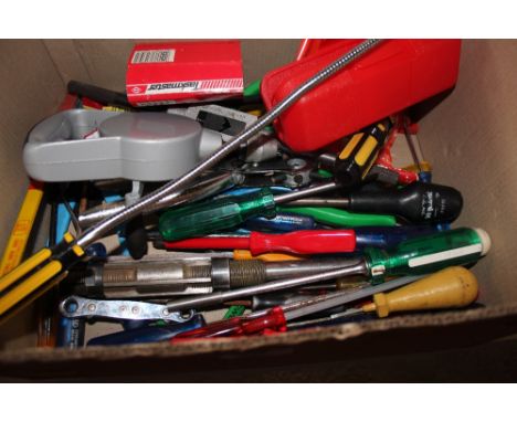A box of various hand tools 