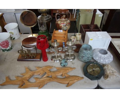 A quantity of sundry items to include and four division bottle carrier; brass oil lamp; letter rack; candle sticks etc.