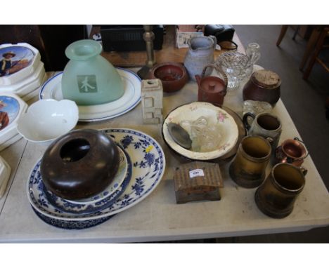 A quantity of china to include meat plates; decanter stoppers; candle stick; glass rose bowl etc.