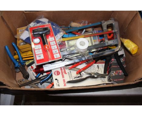 A box of mostly hand tools