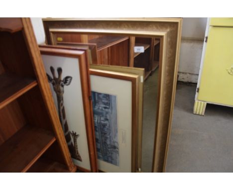 A gilt framed wall mirror; a print of giraffes and one other print after Leonard Russell Squirrell 