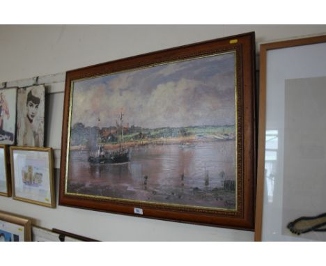 A large coloured print depicting sailing boats; two pencil signed scenes of Bury St Edmunds