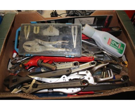 A box of mostly hand tools