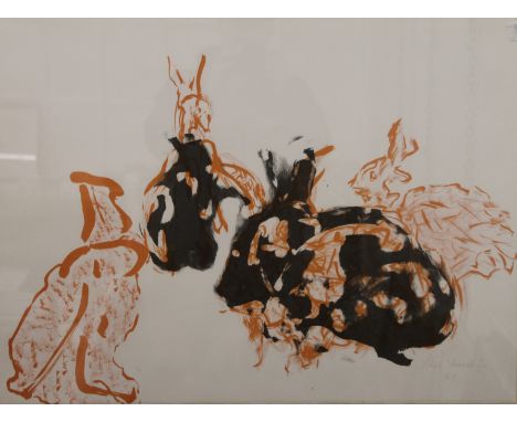 YING YEUNG LI, Hares, print on paper, signed in pencil and dated 87, frame and glazed, 77 x 56.5 cm; together with a Holswort