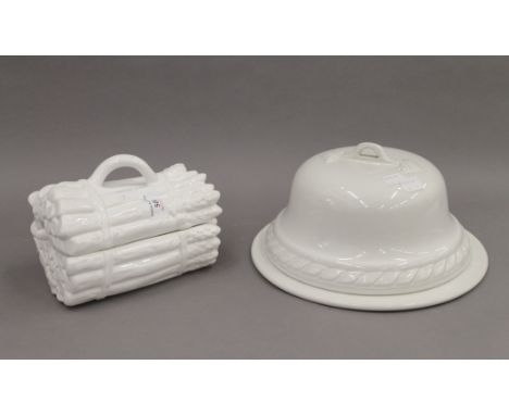 A pottery asparagus dish/spoon set and a glazed ceramic dome. The former 18 cm wide.