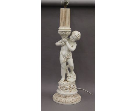 A porcelain figural lamp. 120 cm high overall.