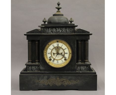 A Victorian black slate mantle clock. 42 cm high.
