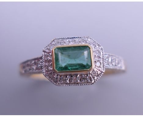 An Art Deco style 9 ct gold emerald and diamond ring with engraved shoulders. Ring size O. 3 grammes total weight.