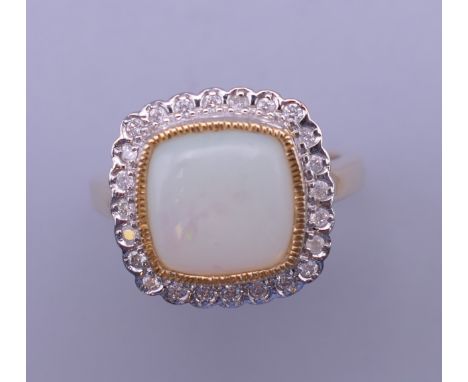 An Art Deco style 9 ct gold opal and diamond ring. Ring size O/P.