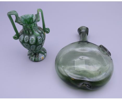 An unusual green glass perfume flask and a small antique millefiori two handled vase. The former 12 cm high.