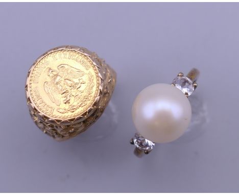 A 9 ct gold coin set ring (5.6 grammes total weight) and a silver dress ring. The former ring size L.