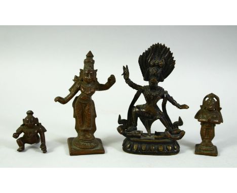 A COLLECTION OF FOUR INDIAN HINDU DEITY BRONZE FIGURES, largest 13cm high.