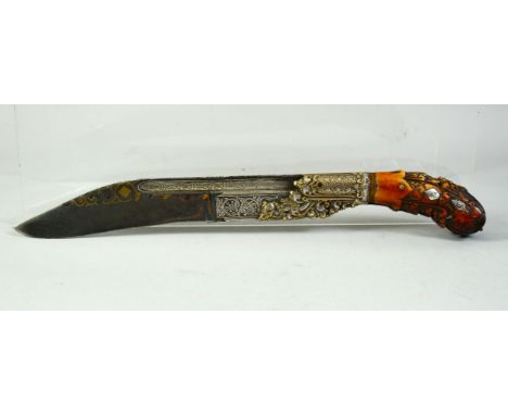 A VERY FINE LARGE 18TH CENTURY SRI LANKAN CEYLONESE SILVER AND BRASS INLAID PIA KAETA DAGGER, with stained ivory handle, 30.5