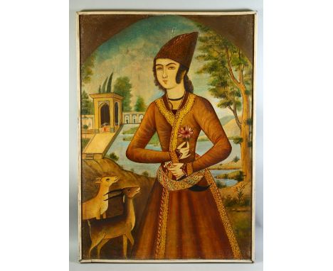 A 20TH CENTURY PERSIAN OIL PAINTED PORTRAIT ON CANVAS, of a royal figure in a garden with deer, framed, unglazed, 99cm x 70cm