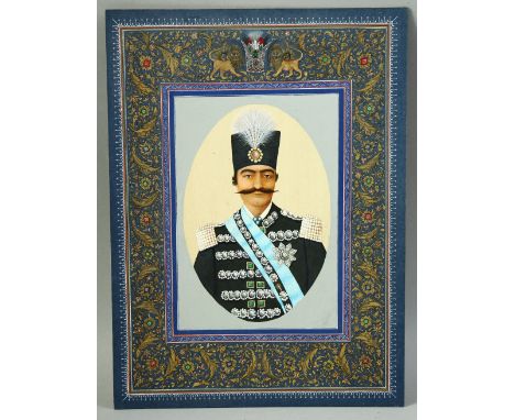 A FINE ISLAMIC PORTRAIT MINIATURE PAINTING ON BOARD, depicting a royal figure, the border with beautifully painted gilt flora