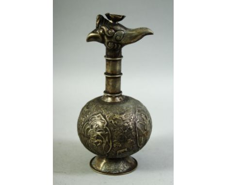 A CHINESE WHITE METAL GLOBULAR VESSEL, with bird shape finial, the body with engraved decoration, 21cm high.