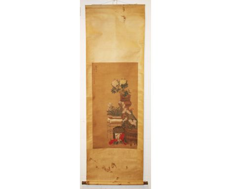 A CHINESE HANGING SCROLL PAINTING, depicting various flowers, with calligraphy and red seal mark to top left, image 96cm x 50