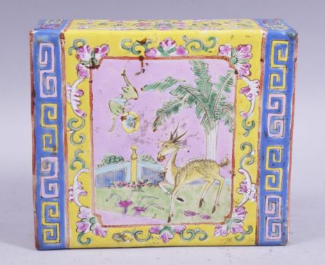 A CHINESE FAMILLE ROSE SQUARE FORM PORCELAIN PILLOW, painted with a panel of a deer in an outdoor setting, the reverse painte