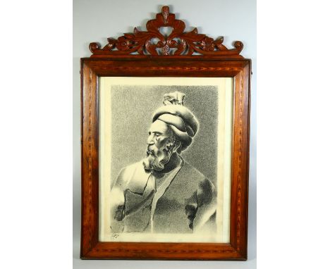 A LARGE CHARCOAL PORTRAIT OF A PERSIAN POET, in an inlaid and carved wood frame and glazed, signed and dated, portrait 69cm x