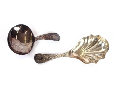 An Edwardian silver caddy spoon, Chester 1906; and a Georgian silver caddy spoon with bright cut decoration and crest