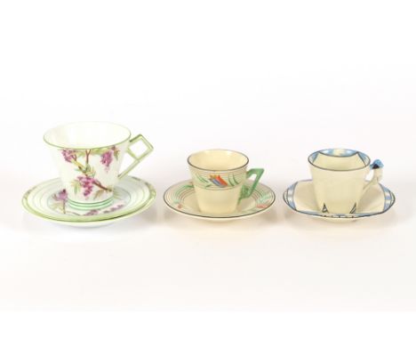 A Foley "Wisteria" patterned cup, saucer and plate; and two Burleigh ware Espresso cups and saucers
