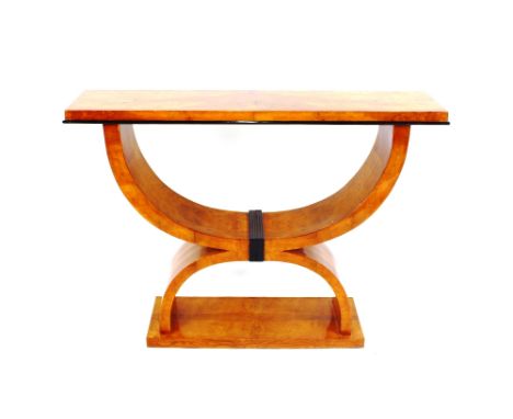 A yew wood effect Console type hall table, raised on a double U shaped base, 120cm long